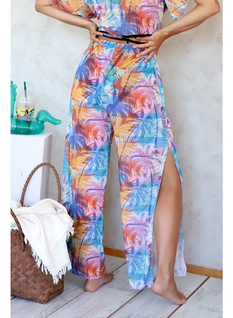 Hamur Dough Beach Pantalon Pareo Summer Closed Slit Elastic Chiffon Tulle Fabric High Waist Coconut Color - Image 3